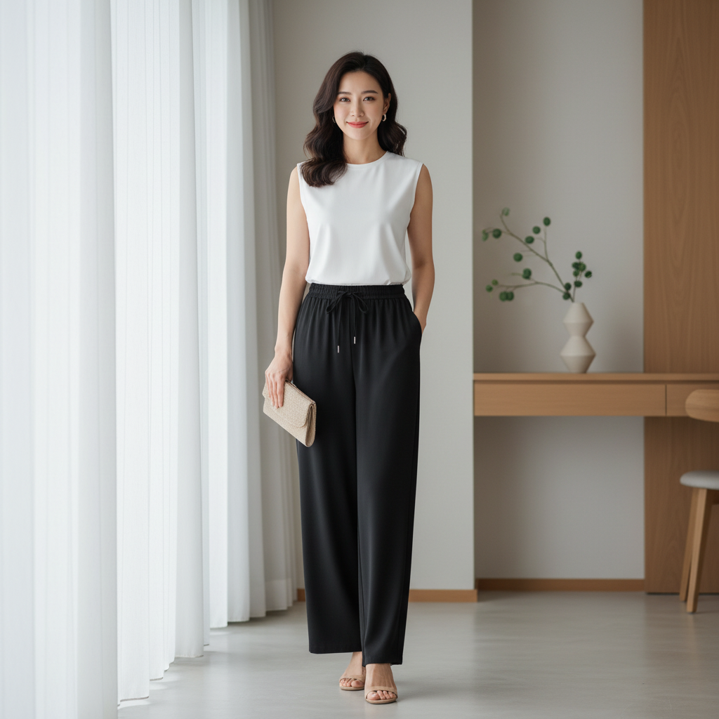 Mulher com calça preta wide-leg - 1:1